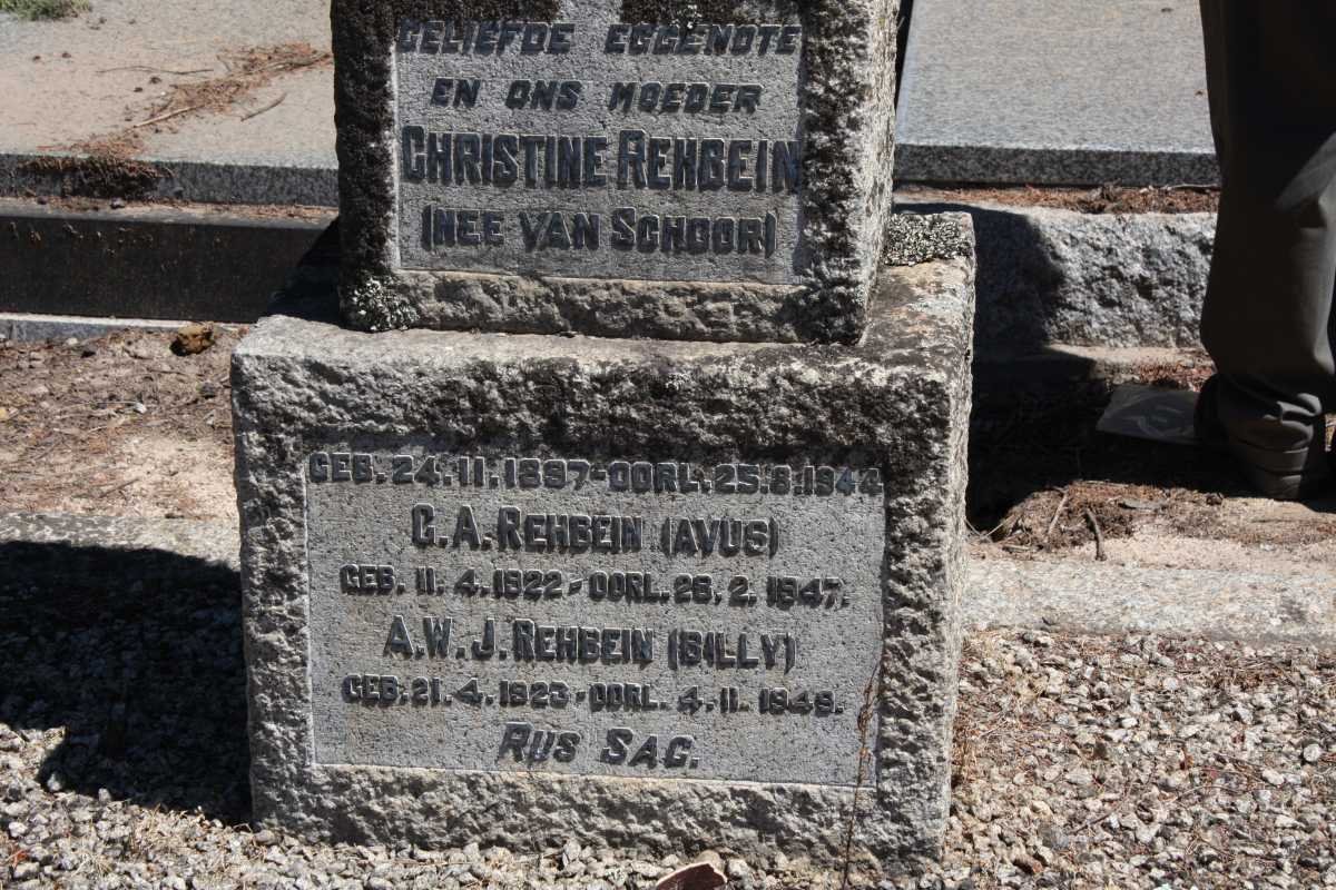 REHBEIN Christine nee VAN SCHOOR 1897-1944 :: REHBEIN C.A. 1922-1947 :: REHBEIN A.W.J. 1923-1949