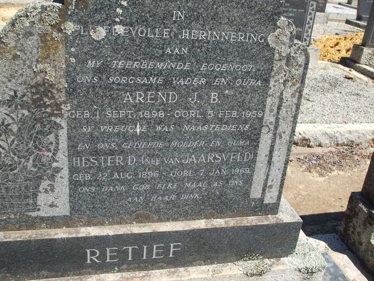 RETIEF Arend J.B. 1898-1959 &amp; Hester D. VAN JAARSDVELD 1896-1969