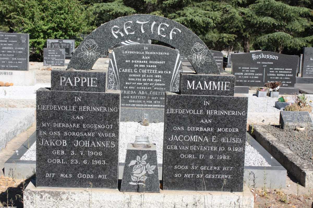 RETIEF Jakob Johannes 1906-1963 &amp; Jacomina E. VAN DEVENTER 1921-1982 