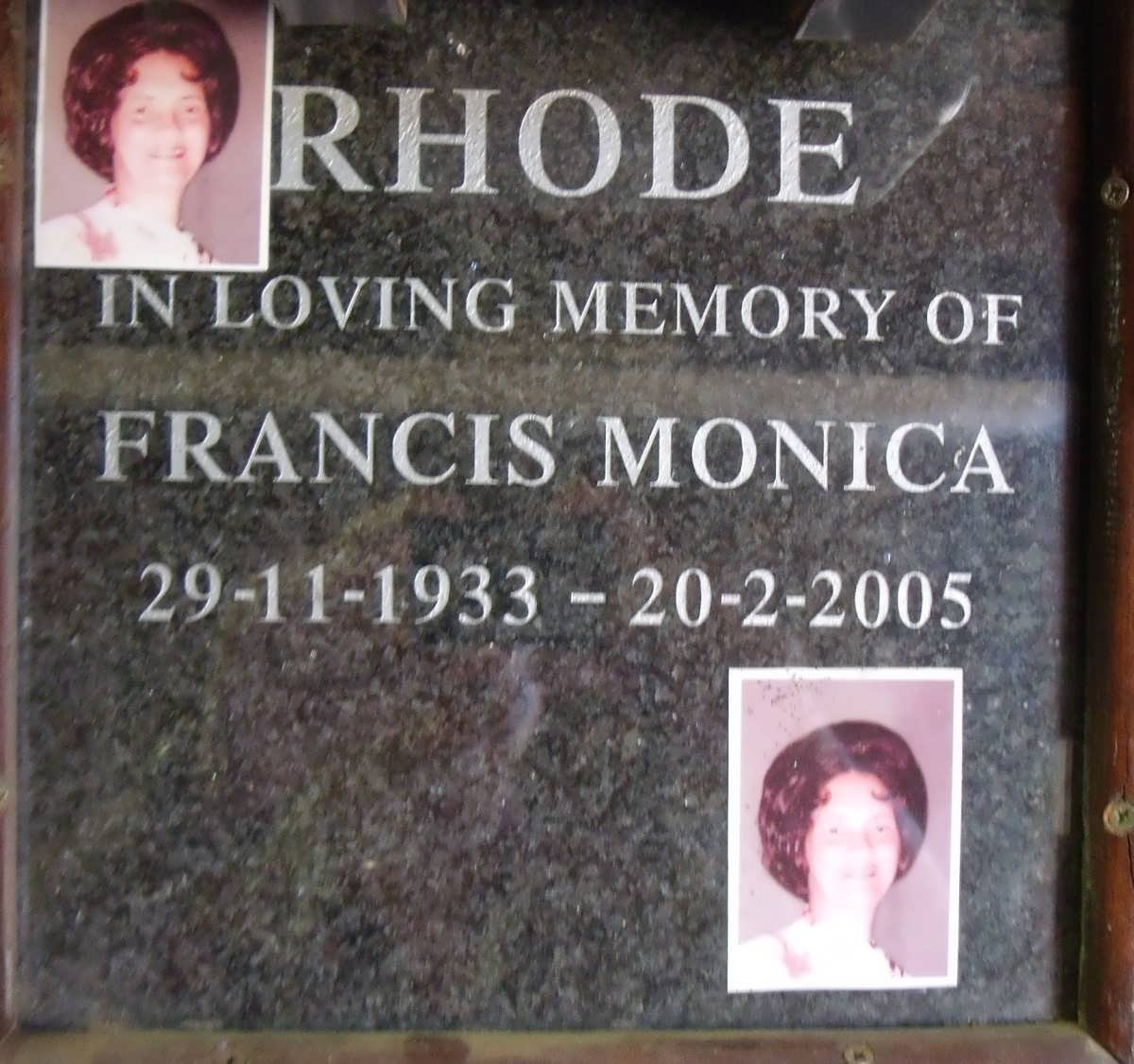 RHODE Francis Monica 1933-2005