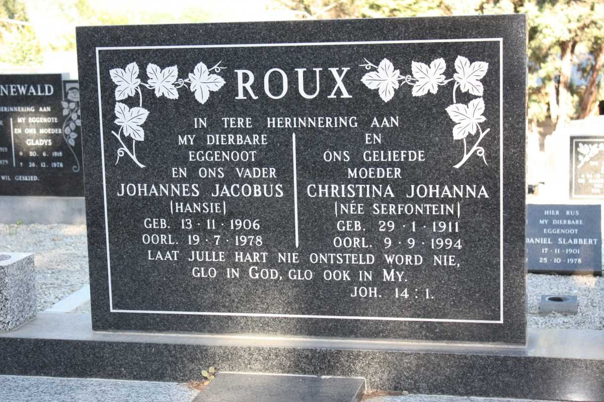 ROUX Johannes Jacobus 1906-1978 &amp; Christina Johanna SERFONTEIN 1911-1994
