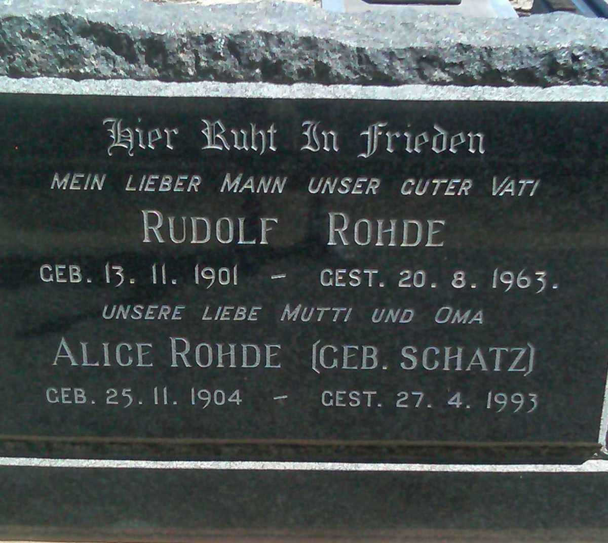 ROHDE Rudolf 1901-1963 &amp; Alice SCHATZ 1904-1993