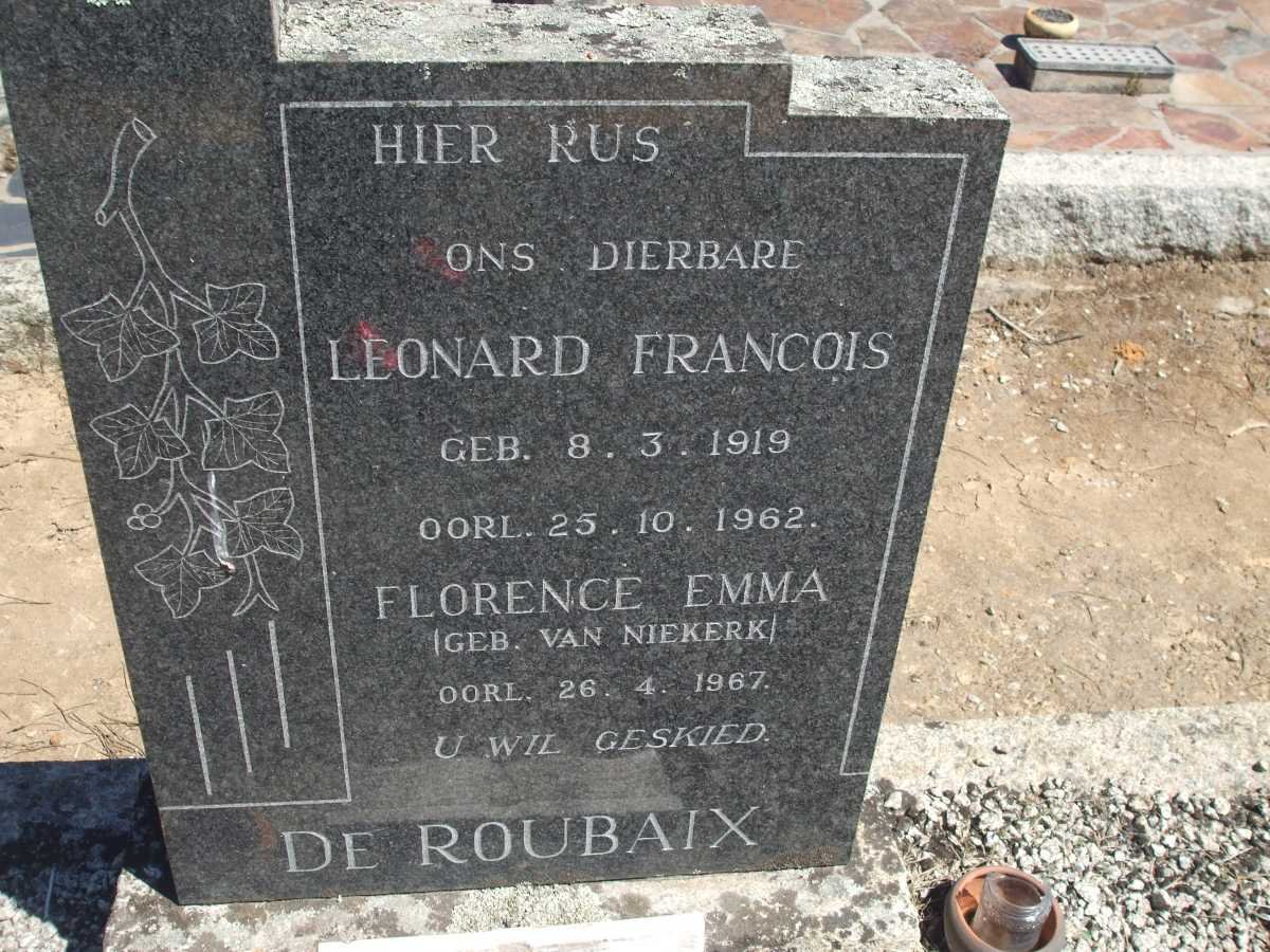 ROUBAIX Leonard Francois, de 1919-1962 &amp; Florence Emma VAN NIEKERK -1967