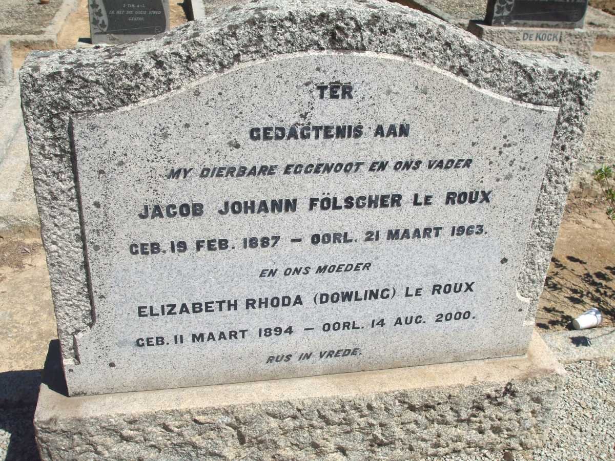 ROUX Jacob Johann Fölscher, le 1887-1963 &amp; Elizabeth Rhoda DOWLING 1894-2000