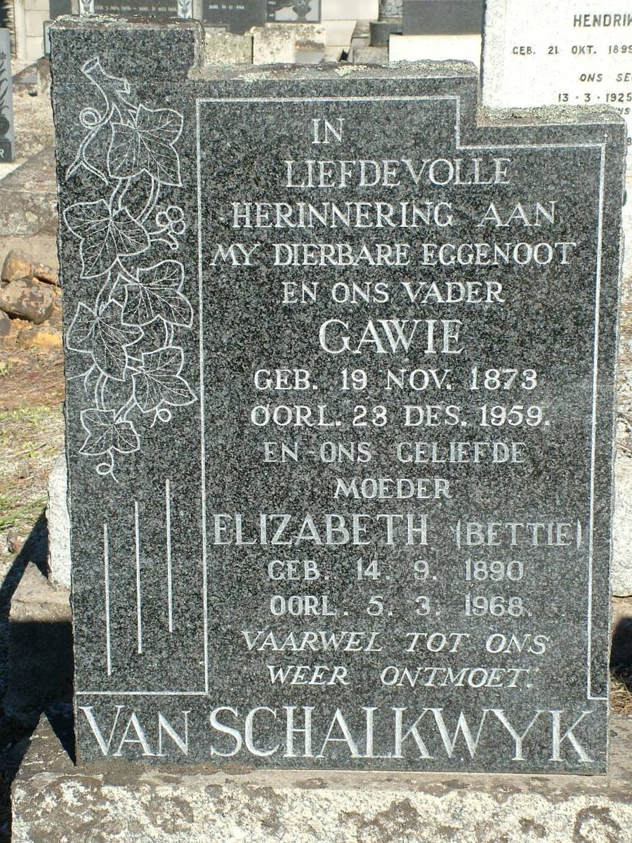 SCHALKWYK Gawie, van 1873-1959 & Elizabeth 1890-1968