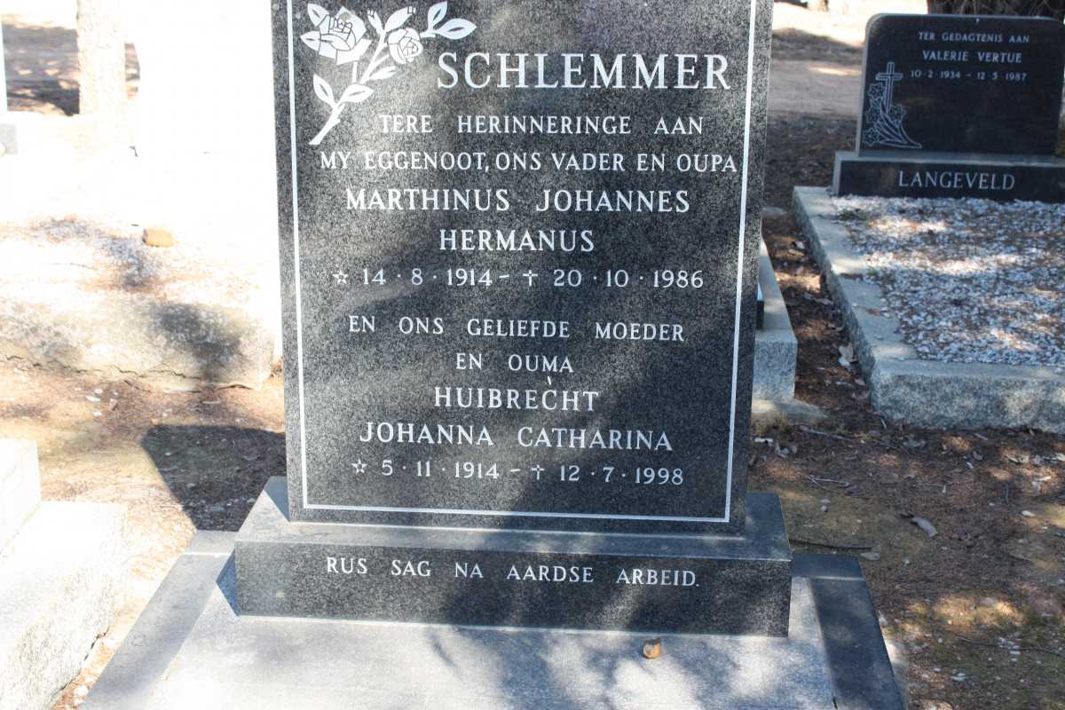 SCHLEMMER Marthinus Johannes Hermanus 1914-1986 & Huibrecht Johanna Catharina 1914-1998