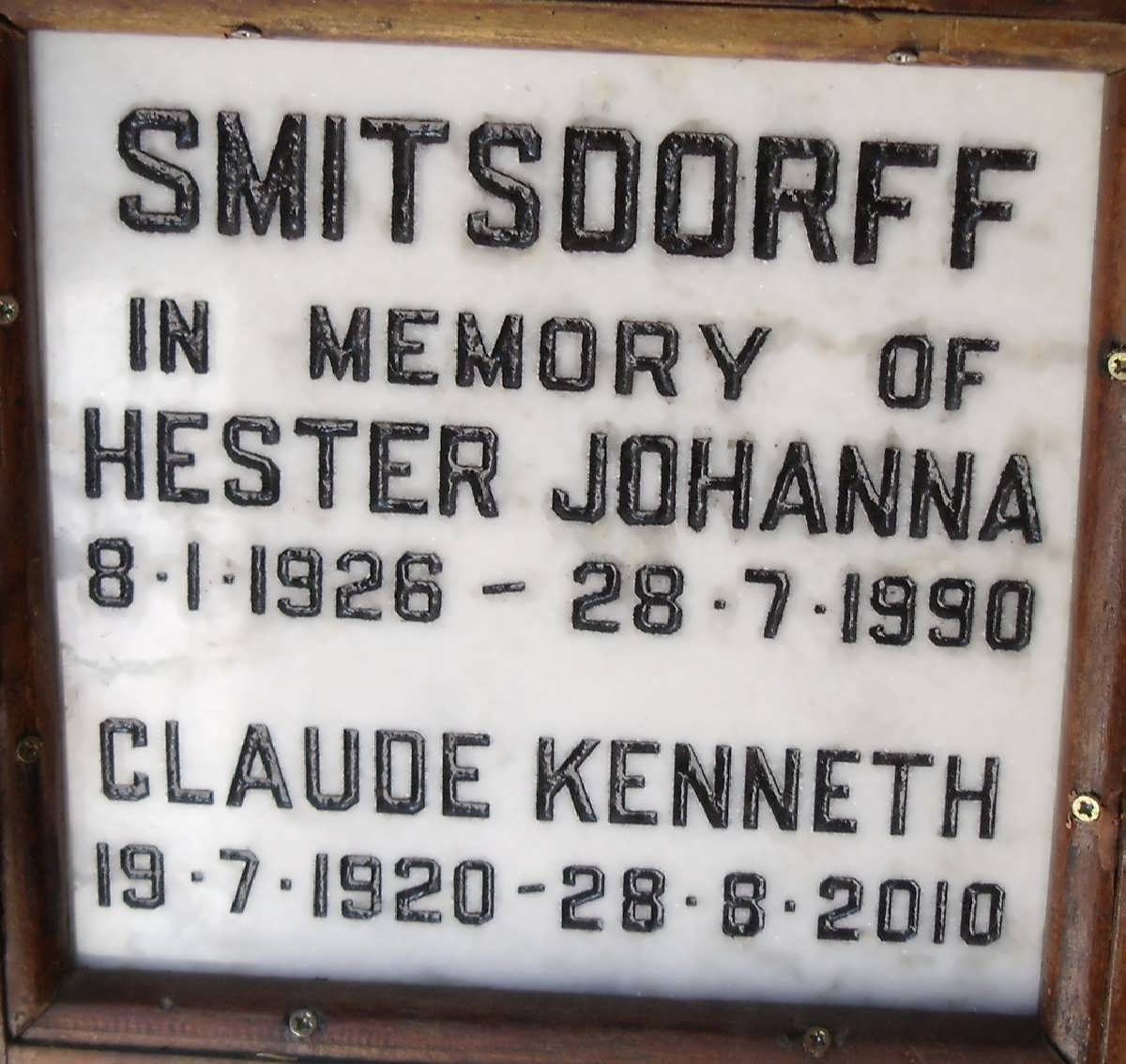SMITSDORFF Claude Kenneth 1920-2010 & Hester Johanna 1926-1990 