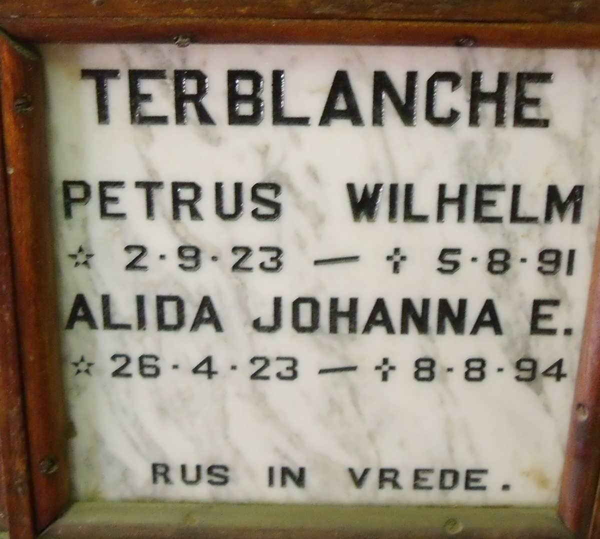TERBLANCHE Petrus Wilhelm 1923-1991 &amp;  Alida Johanna E. 1923-1994