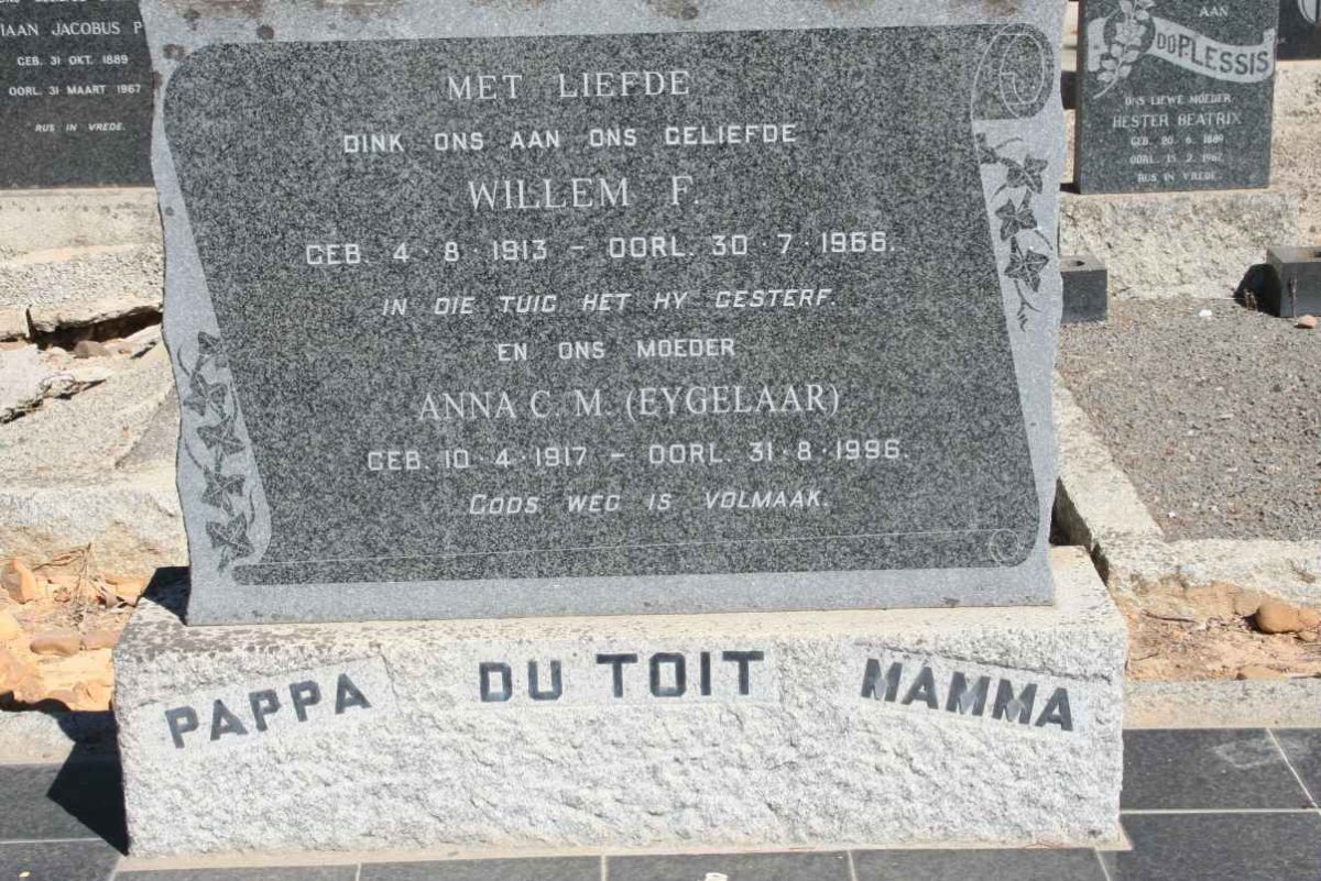 TOIT Willem F., du 1913-1966 &amp; Anna C.M. EYGELAAR 1917-1996