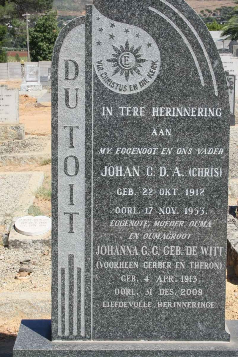 TOIT Johan C.D.A., du 1912-1953 &amp; Johanna G.C. DE WITT formerly GERBER, formerly THERON 1913-2009