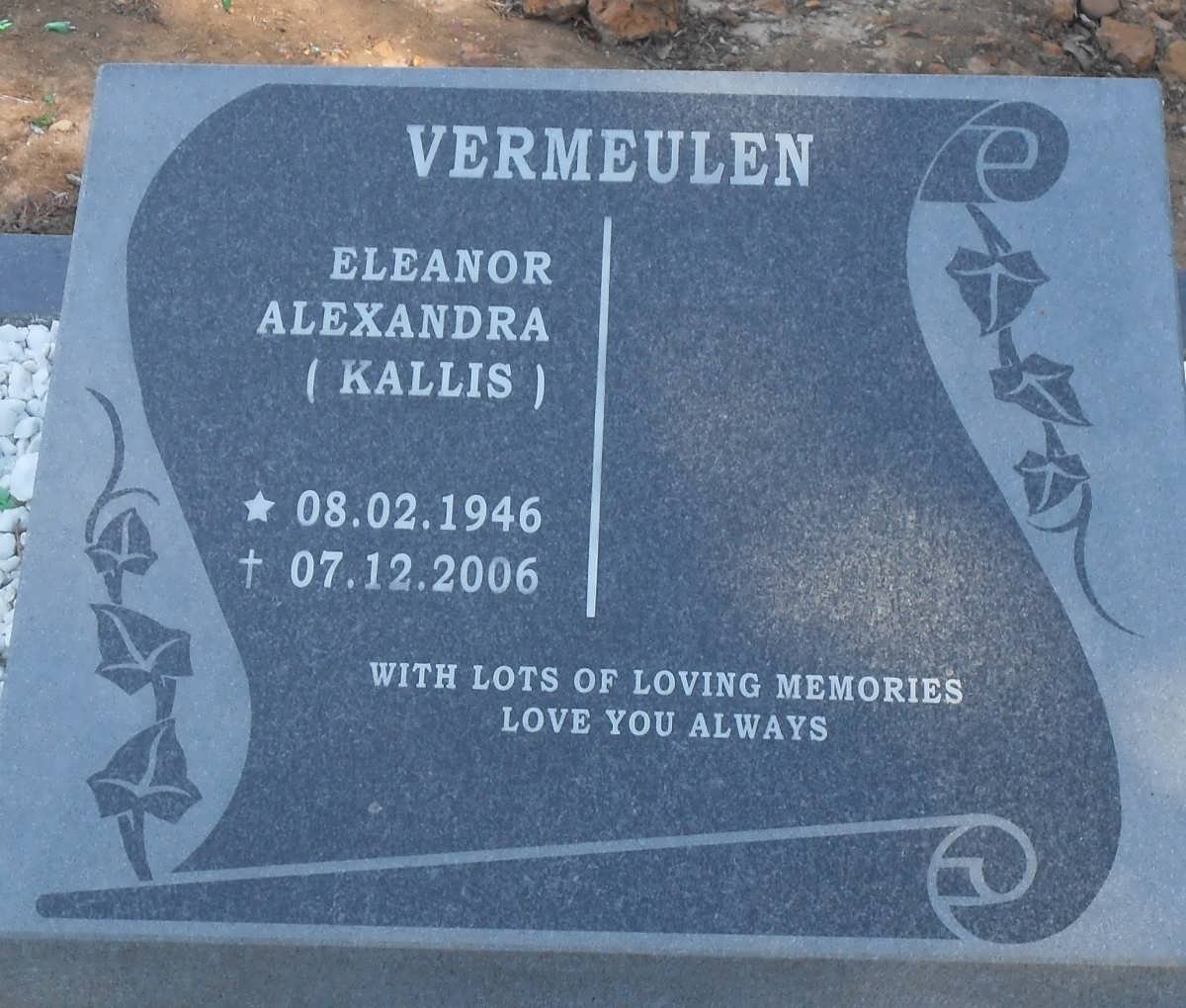 VERMEULEN Eleanor Alexandra nee KALLIS 1946-2006