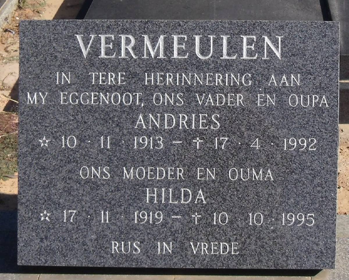 VERMEULEN Andries 1913-1992 &amp; Hilda 1919-1995