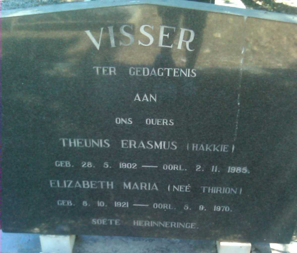 VISSER Theunis Erasmus 1902-1985 &amp; Elizabeth Maria THIRION 1921-1970