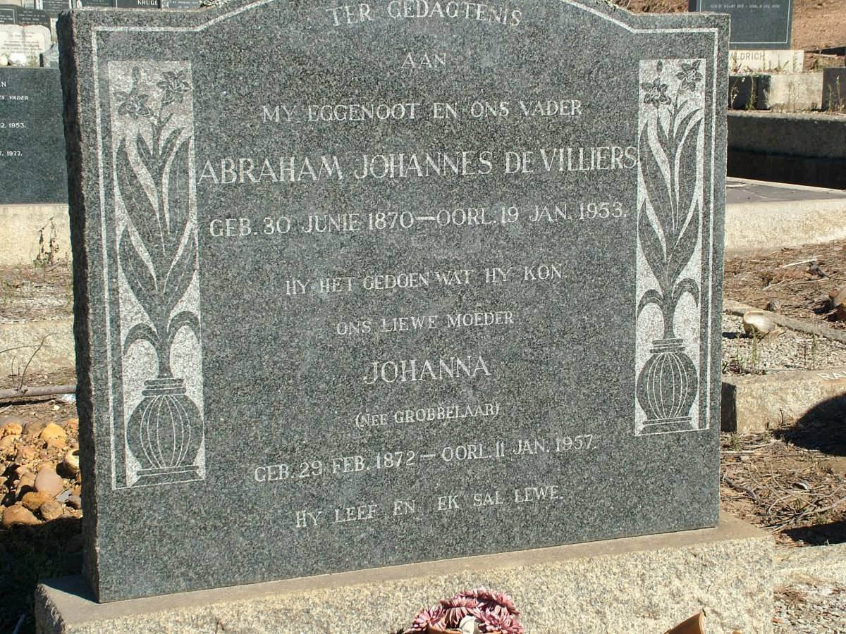 VILLIERS Abraham Johannes, de 1870-1953 &amp; Johanna GROBBELAAR 1872-1957
