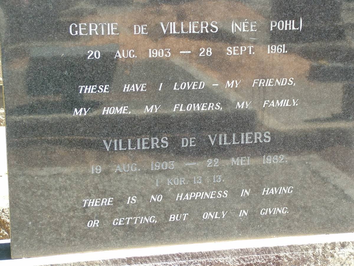 VILLIERS Villiers, de 1903-1982 &amp; Gertie POHL 1903-1961