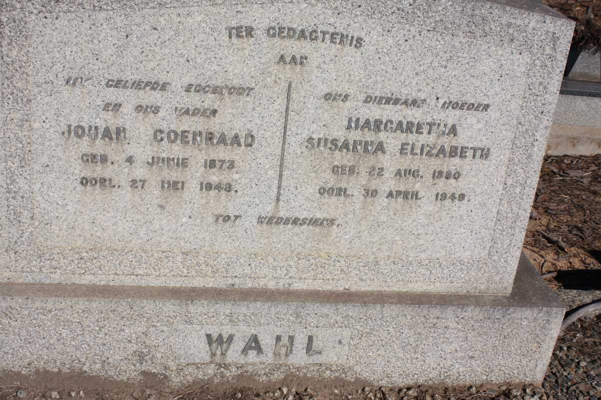 WAHL Johan Coenraad 1873-1948 & Margaretha Susanna Elizabeth 1880-1949