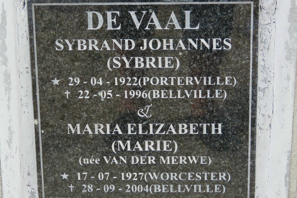 VAAL Sybrand Johannes, de 1922-1996 &amp; Maria Elizabeth VAN DER MERWE 1927-2004