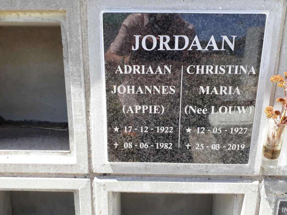 JORDAAN Adriaan Johannes 1922-1982 &amp; Christina Maria LOUW 1927-2019