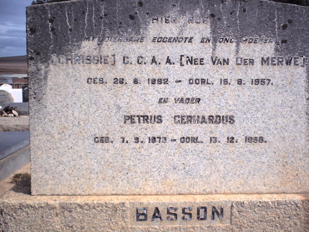 BASSON Petrus Gerhardus 1873-1958 &amp; C.C.A.A. VAN DER MERWE 1882-1957