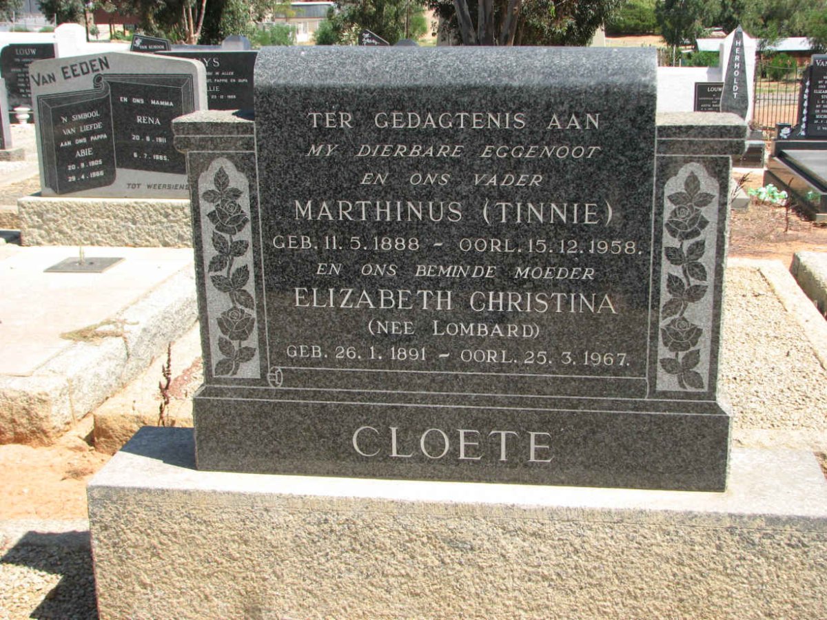 CLOETE Marthinus 1888-1958 &amp; Elizabeth Christina LOMBARD 1891-1967