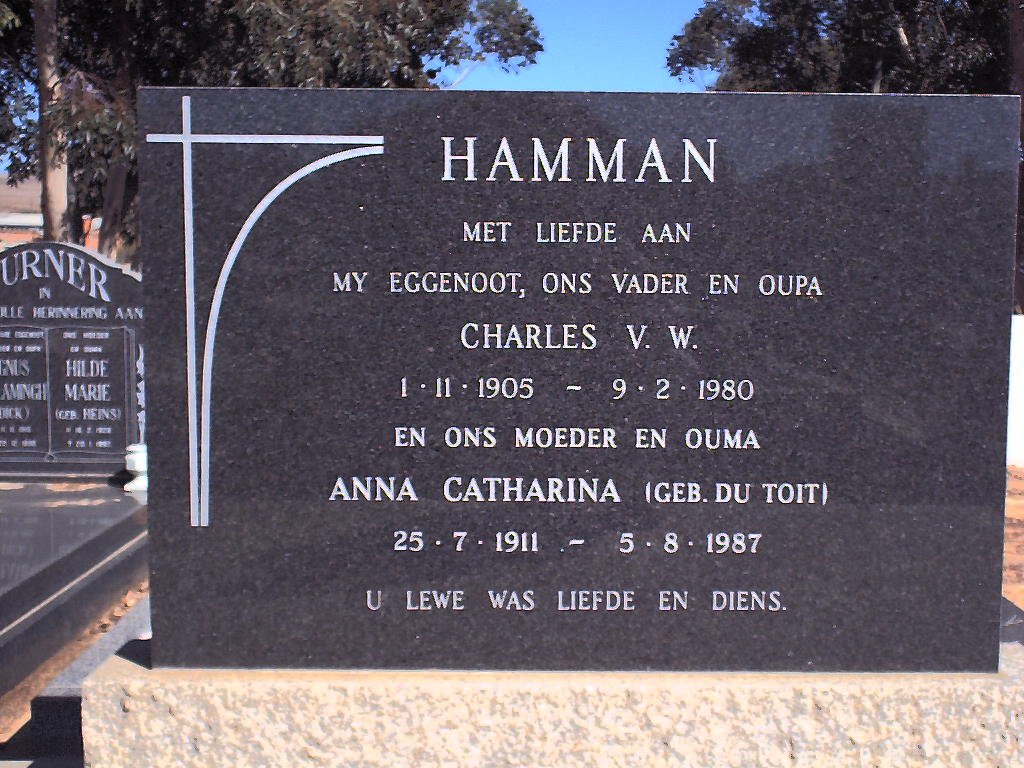 HAMMAN Charles V.W. 1905-1980 &amp; Anna Catharina DU TOIT 1911-1987