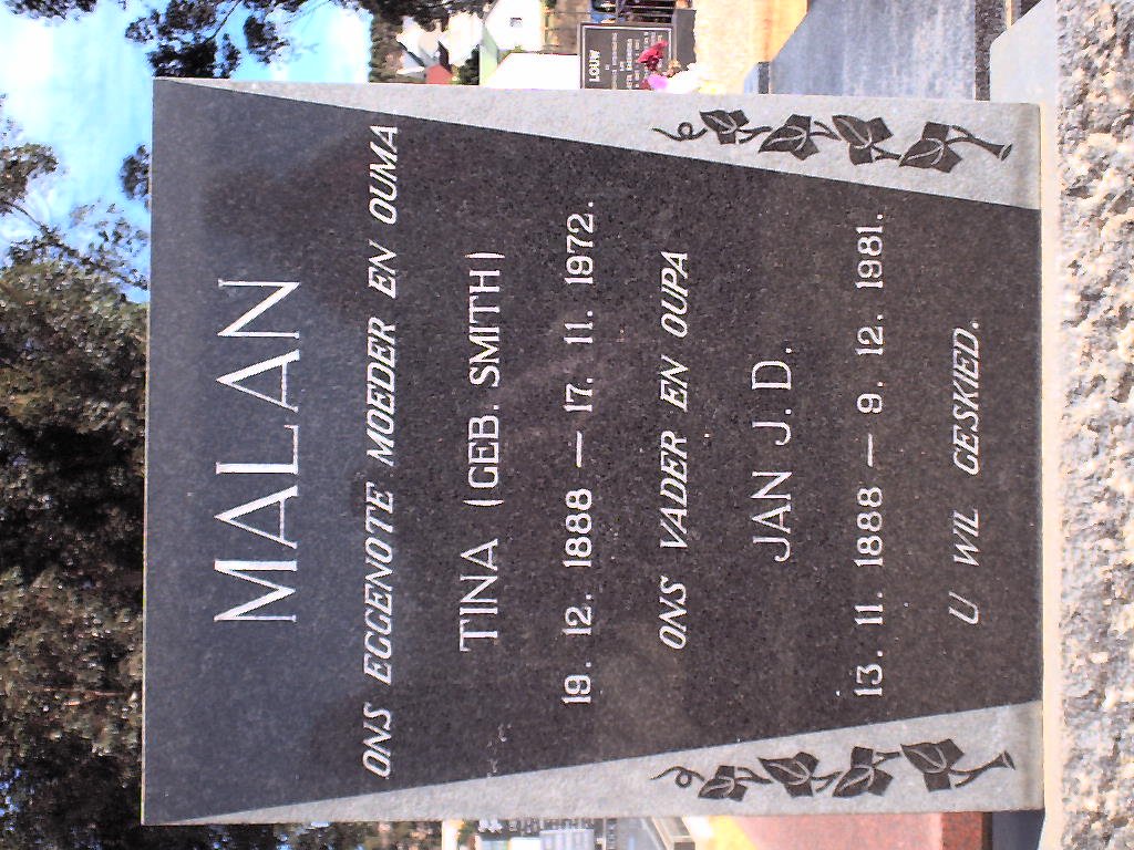 MALAN Jan J.D. 1888-1981 &amp; Tina SMITH 1888-1972