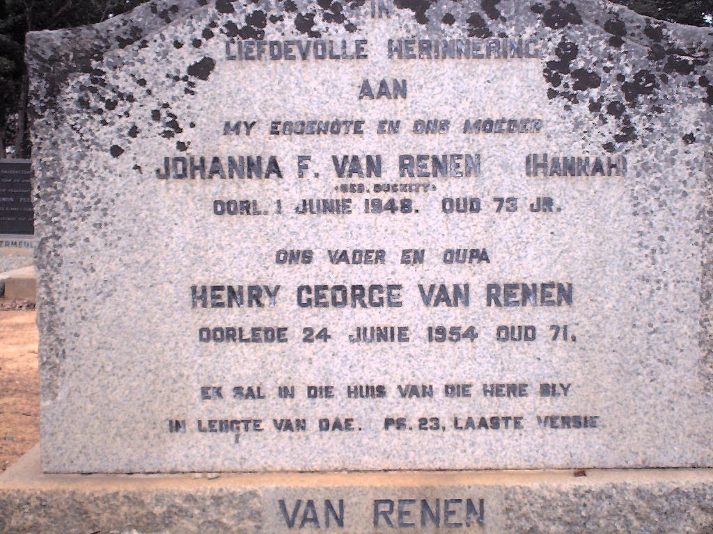 RENEN Henry George, van -1954 &amp; Johanna F. DUCKITT -1948