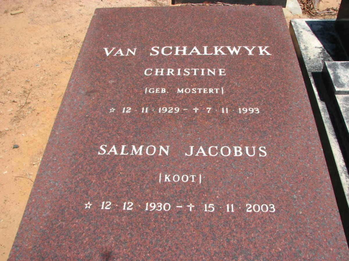 SCHALKWYK Salmon Jacobus, van 1930-2003 &amp; Christine MOSTERT 1929-1993