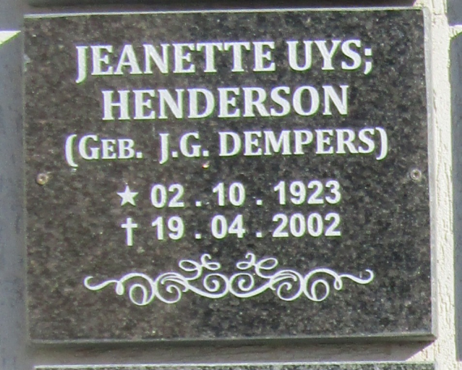 HENDERSON Jeanette, UYS nee DEMPERS 1923-2002