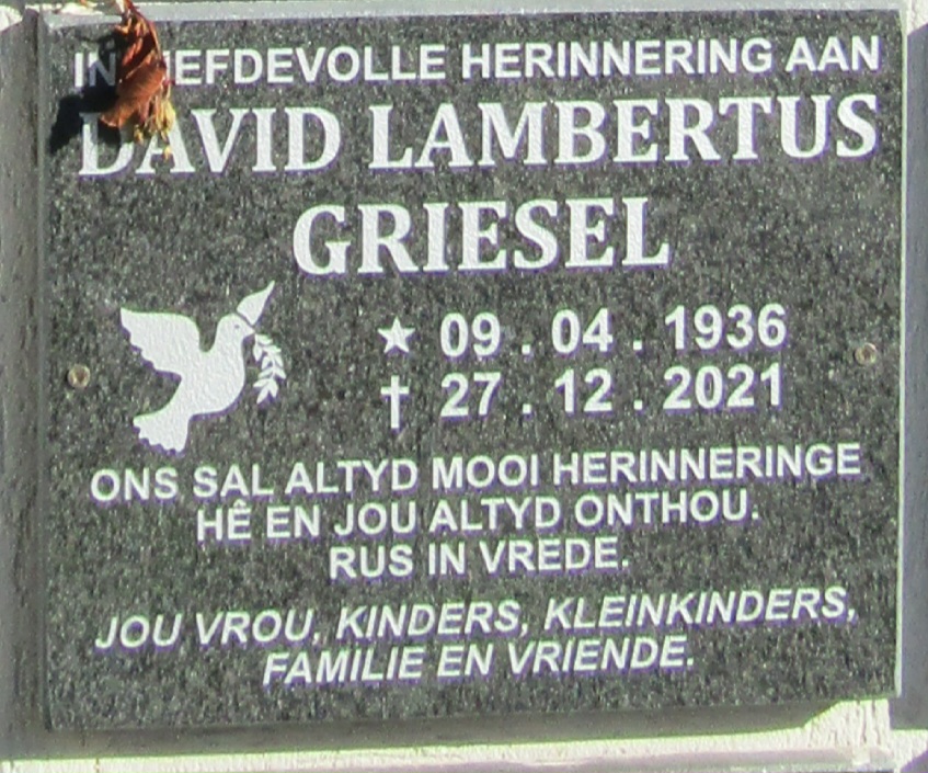 GRIESEL David Lambertus 1936-2021