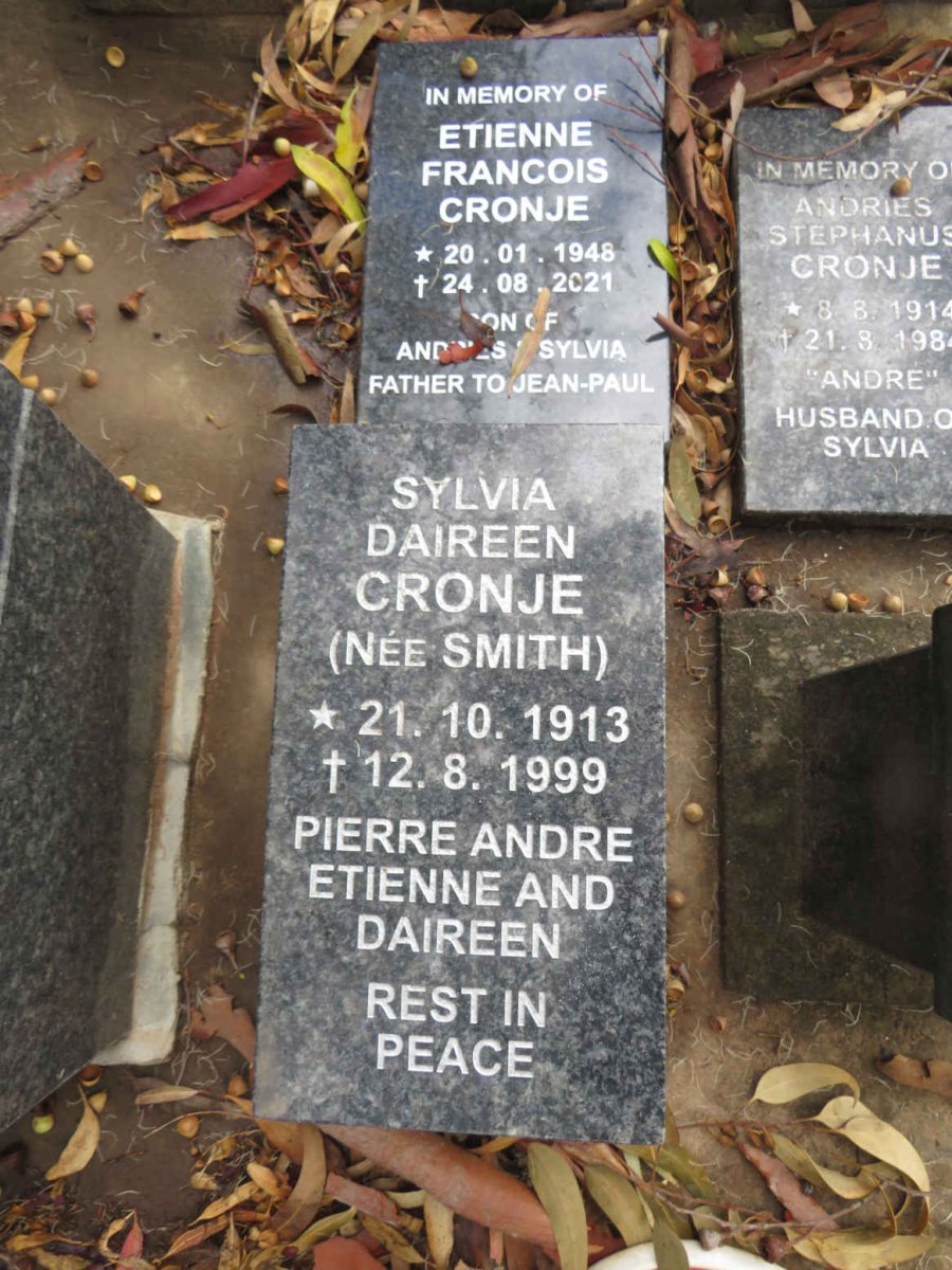 CRONJE Sylvia Daireen nee SMITH 1913-1999 :: CRONJE Etienne Francois 1948-2021