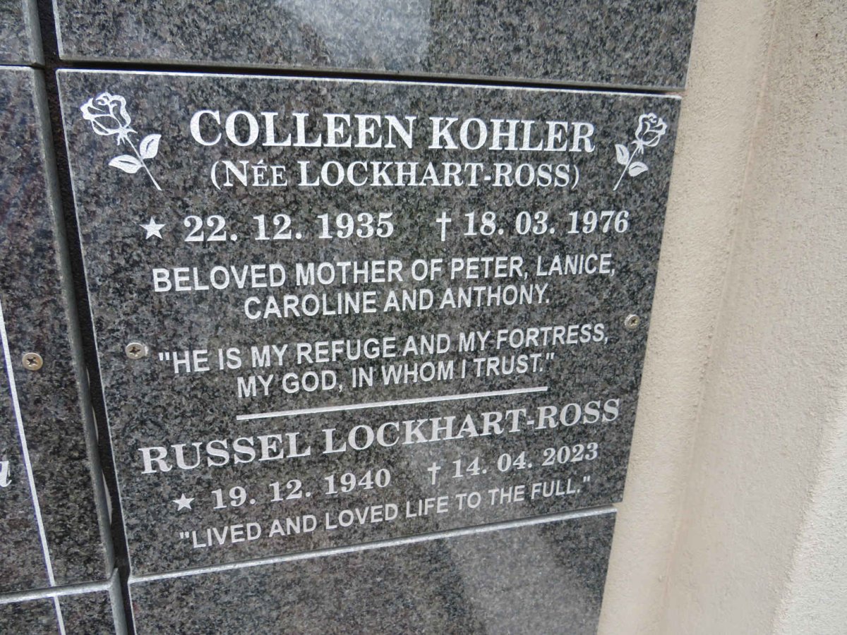 KOHLER Colleen nee LOCKHART-ROSS 1935-1976 :: LOCKHART-ROSS Russel 1940-2023