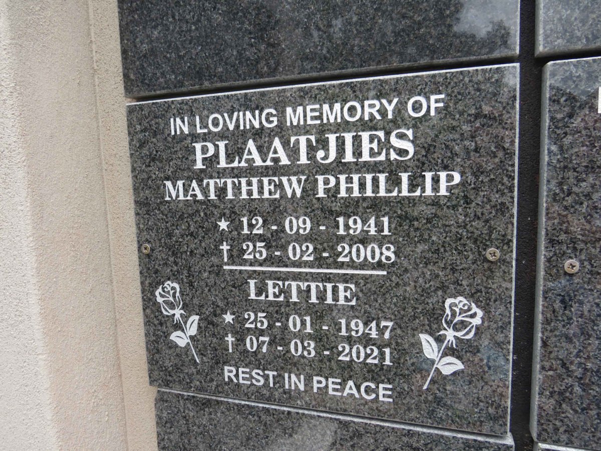 PLAATJIES Matthew Phillip 1941-2008 & Lettie 1947-2021