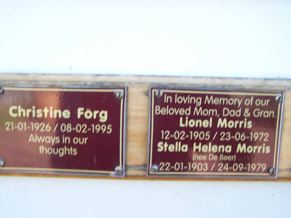 FORG Christine 1926-1995 :: MORRIS Lionel 1905-1972 &amp; Stella Helena DE BEER 1903-1979