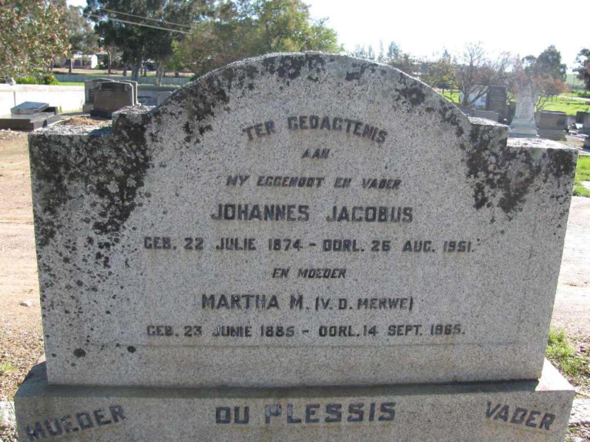PLESSIS Johannes Jacobus, du 1874-1951 &amp; Martha M. V.D. MERWE 1885-1965
