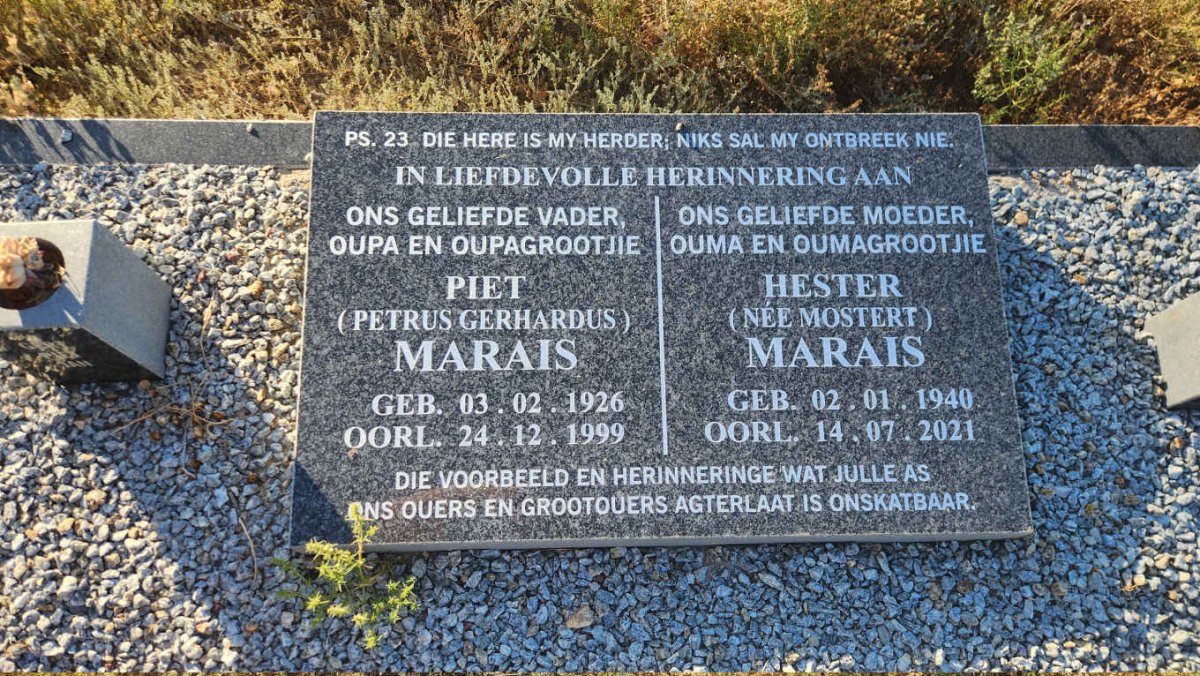 MARAIS Petrus Gerhardus 1926-1991 & Hester MOSTERT 1940-2021