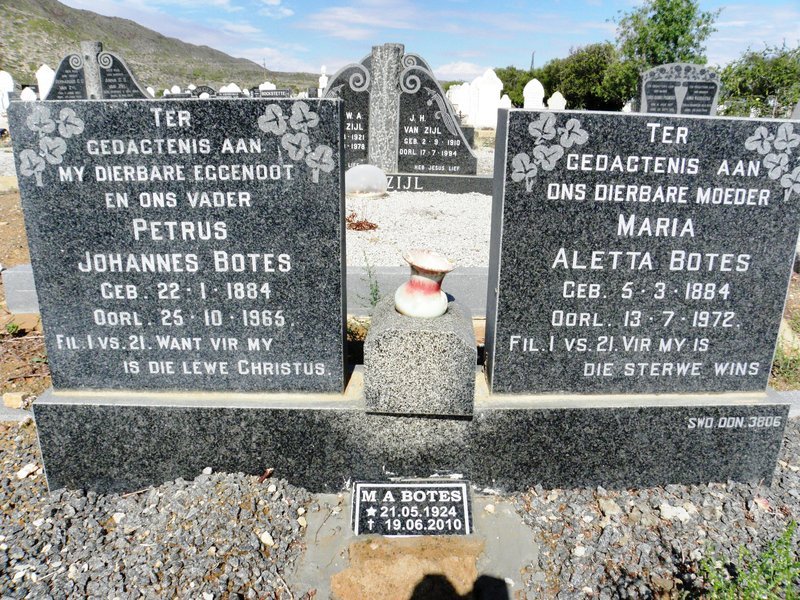 BOTES Petrus Johannes 1884-1965 &amp; Maria Aletta 1884-1972 :: BOTES M.A. 1924-2010