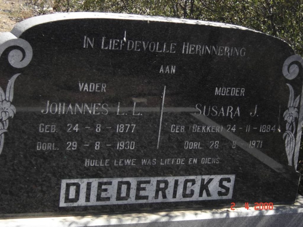 DIEDERICKS Johannes L.L. 1877-1930 &amp; Susara J. BEKKER 1884-1971
