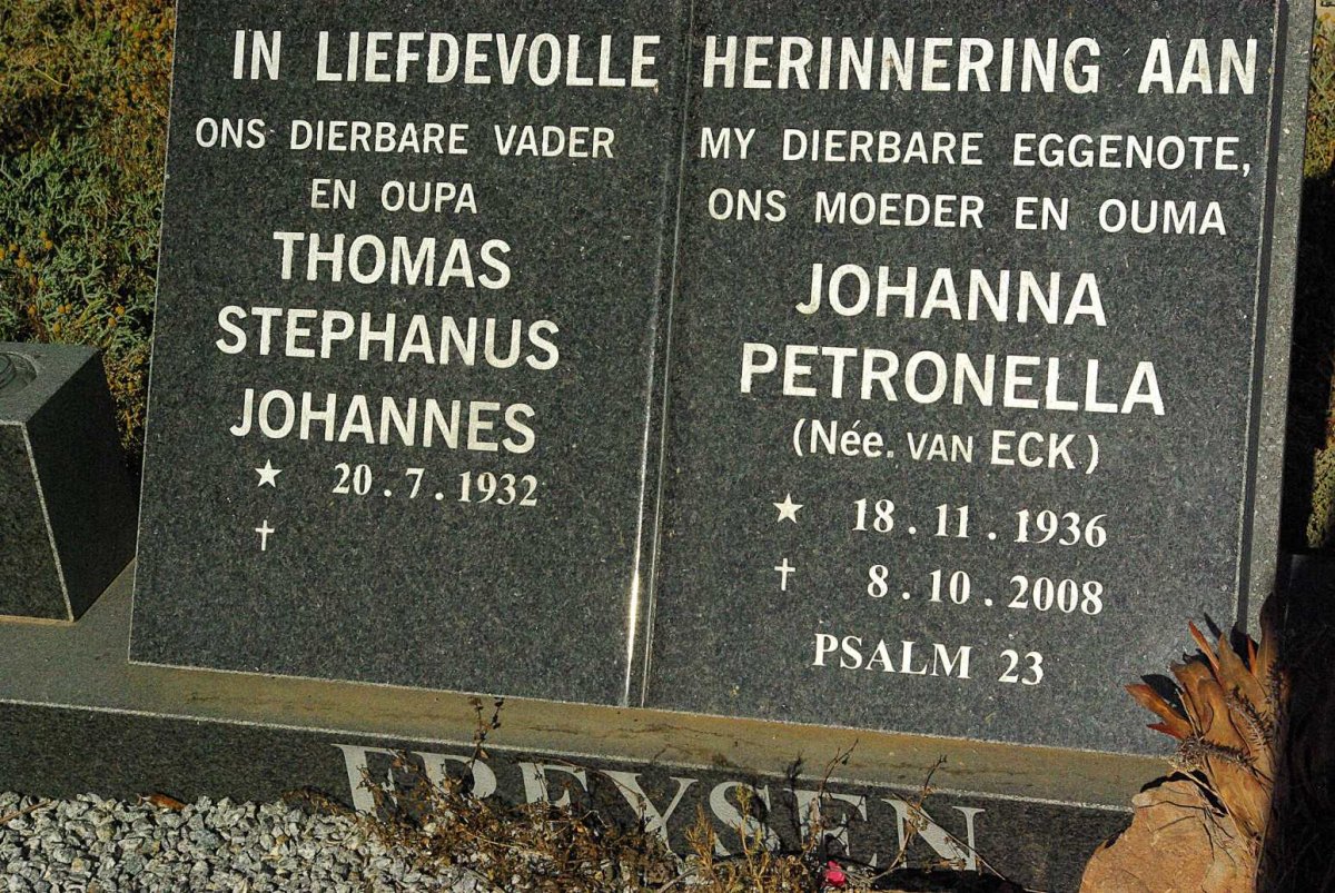FREYSEN Thomas Stephanus Johannes 1932- & Johanna Petronella VAN ECK 1936-2008
