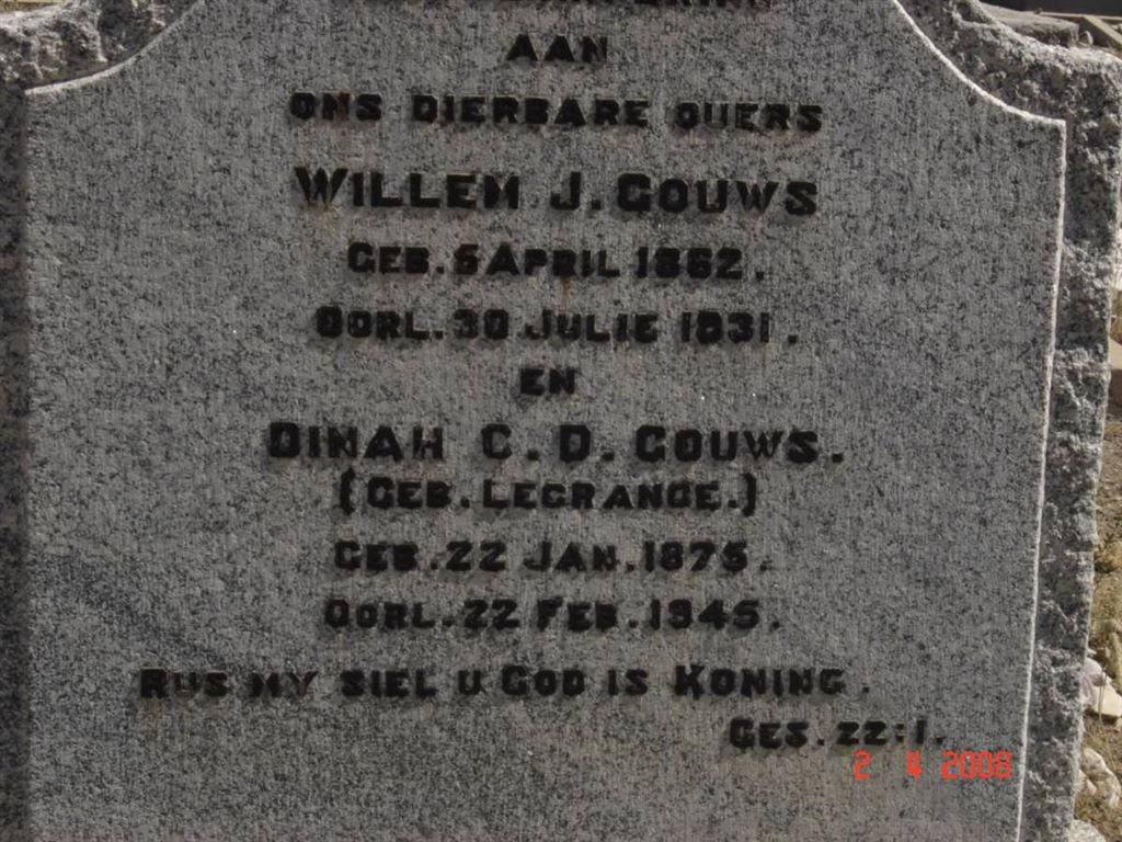 GOUWS Willem J. 1862-1931 &amp; Dinah C.D. LE GRANGE 1875-1945