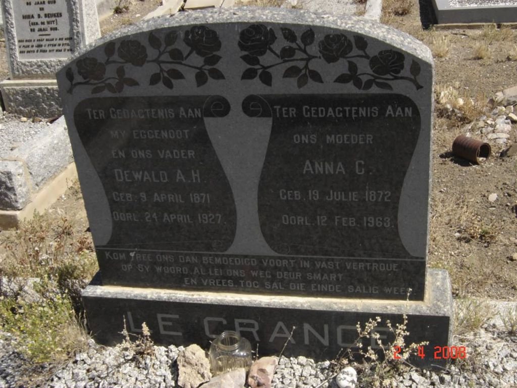 GRANGE Dewald A.H., le 1871-1927 &amp; Anna C. 1872-1963