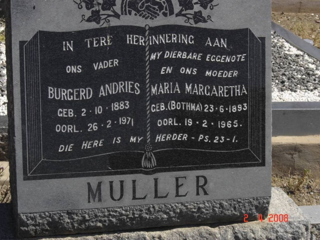 MULLER Burgerd Andries 1883-1971 &amp; Maria Margaretha BOTHMA 1893-1965