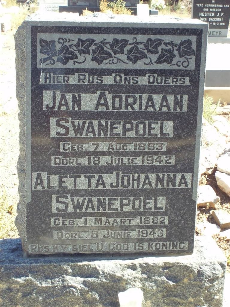 SWANEPOEL Jan Adriaan 1883-1942 &amp; Aletta Johanna 1882-1943