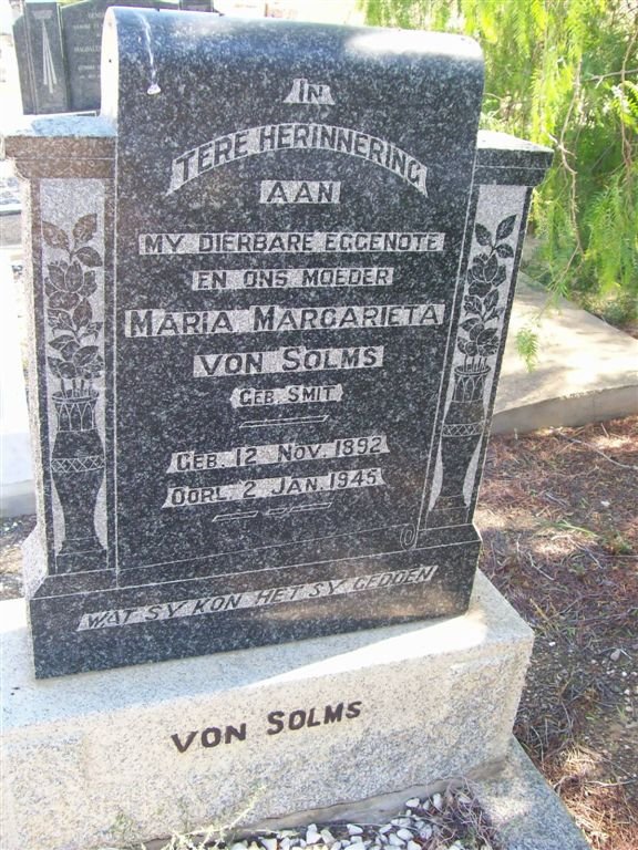 SOLMS Maria Margarieta, von nee SMIT 1892-1945