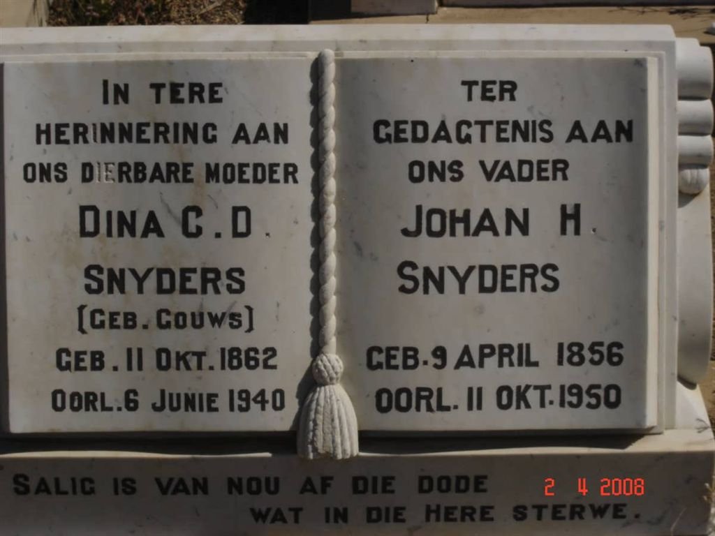 SNYDERS Johan H. 1856-1950 &amp; Dina C.D. GOUWS 1862-1940