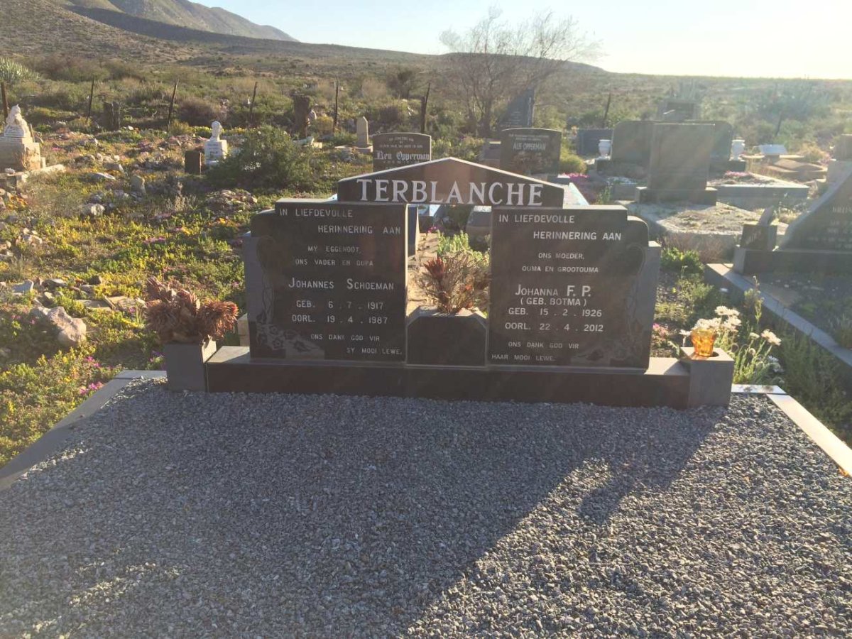TERBLANCHE Johannes Schoeman 1917-1987 &amp; Johanna F.P. BOTMA 1926-2012
