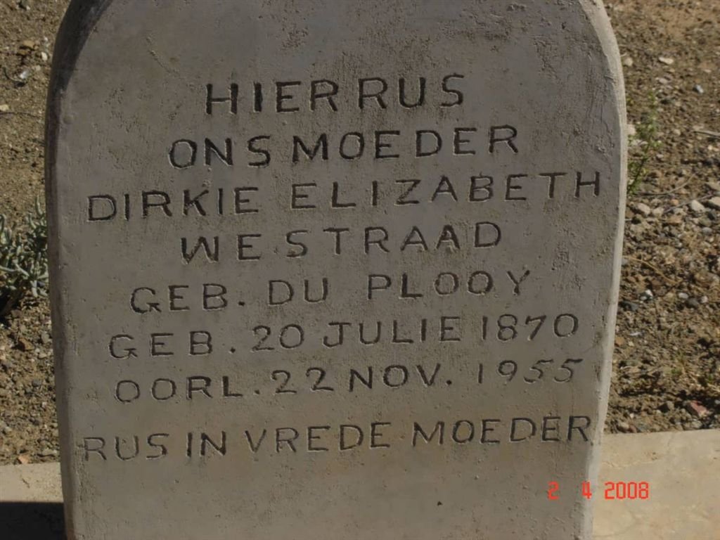 WESTRAAD Dirkie Elizabeth nee DU PLOOY 1870-1955