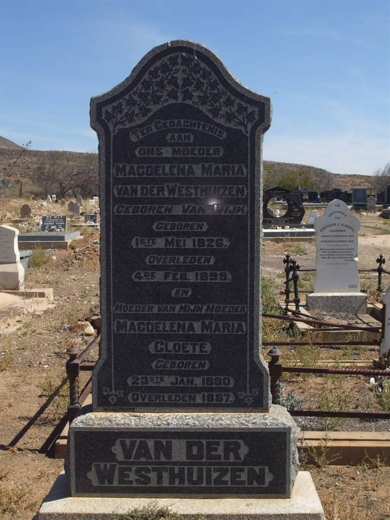 WESTHUIZEN Magdalena Maria , van der nee VAN WYK 1826-1899 :: CLOETE Magdalena Maria 1800-1887