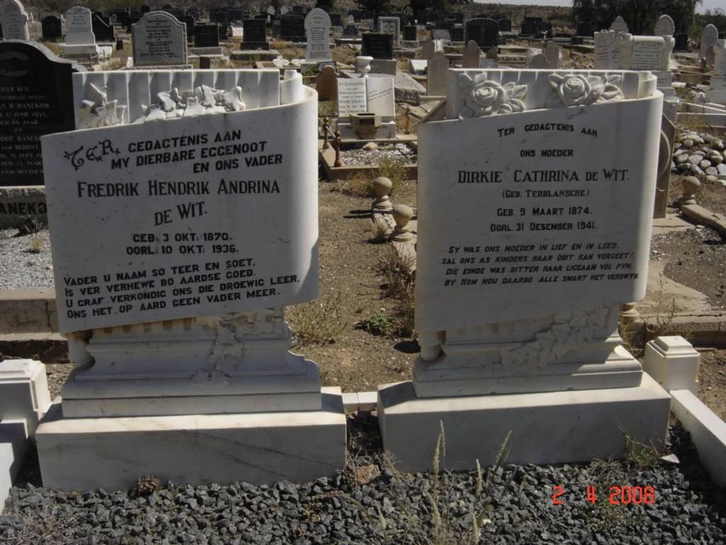 WIT Fredrik Hendrik Andrina, de 1870-1936 &amp; Dirkie Cathrina TERBLANSCHE 1874-1941
