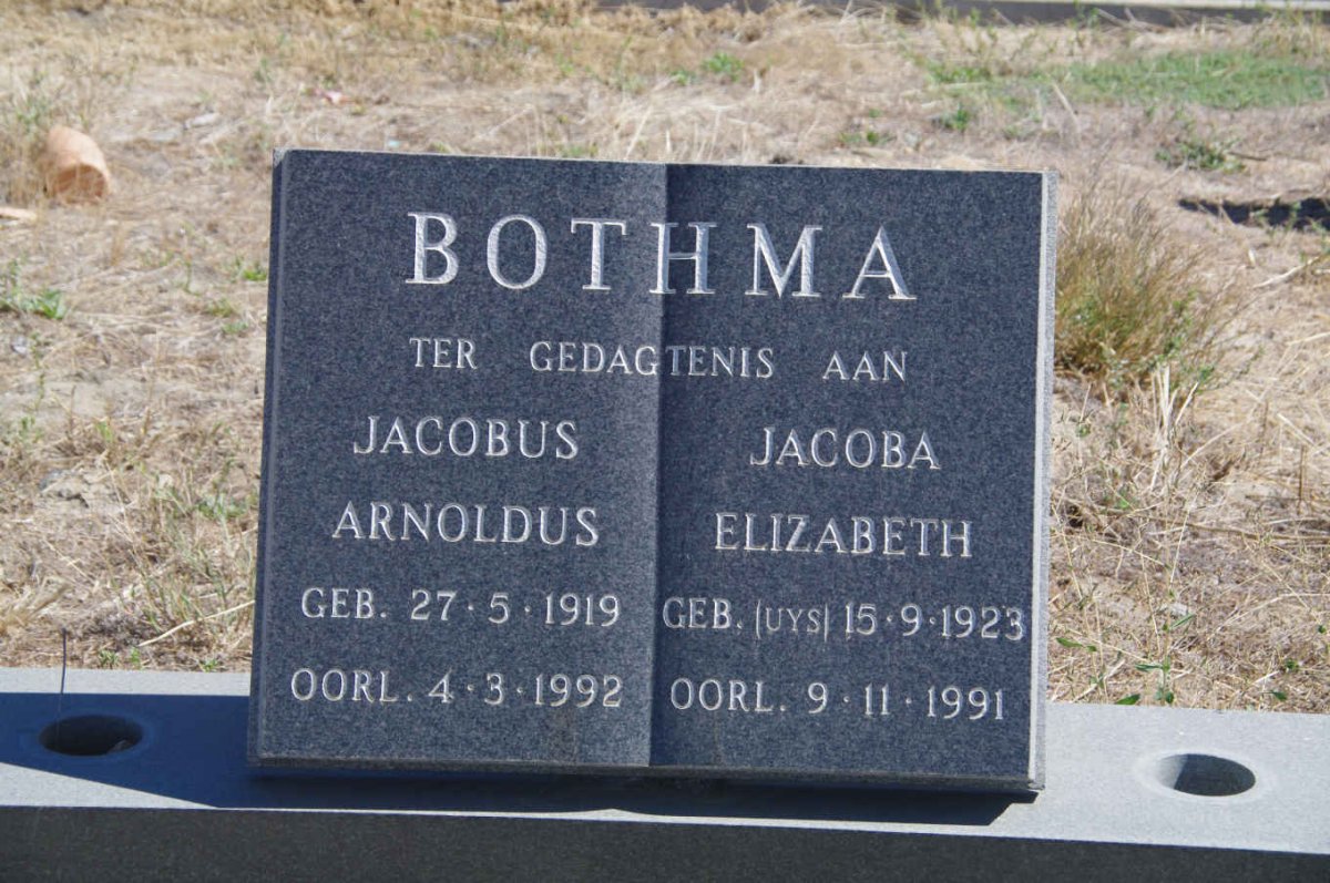 BOTHMA Jacobus Arnoldus 1919-1992 &amp; Jacoba Elizabeth UYS 1923-1991